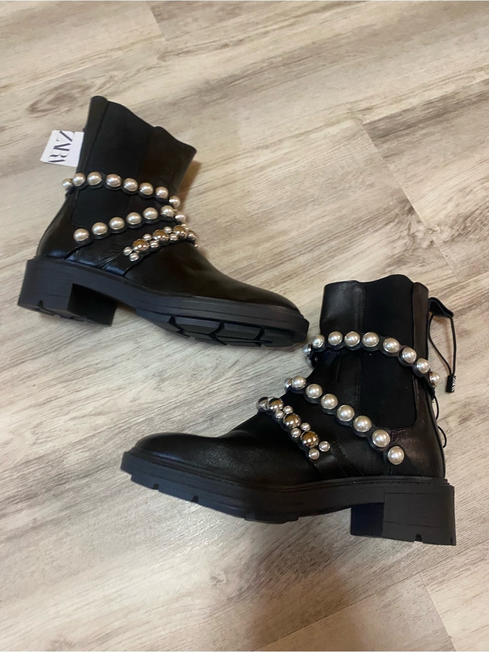 Zara Black Ankle Boots with Silver Pearl & Stud Straps - Picture 11 of 16
